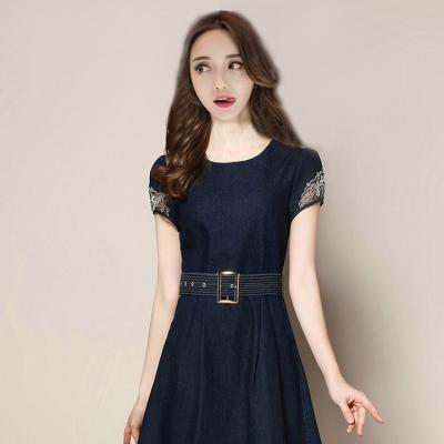 ĐẦM JEAN XÒE TAY PHỐI REN HOA KÈM THẮT EO - NJ951